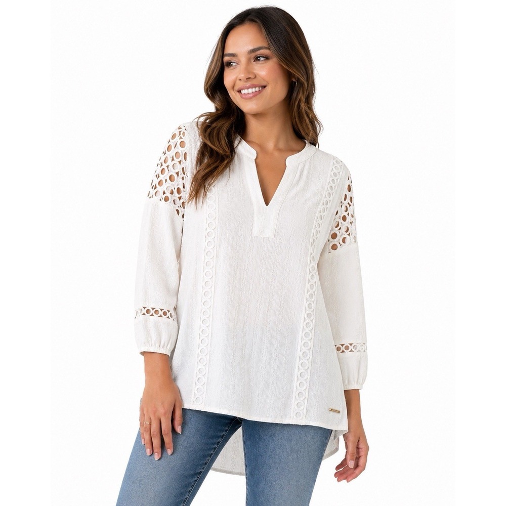 Marc New York Andrew Marc Blouse L White Eyelet Lace V Neck Boho